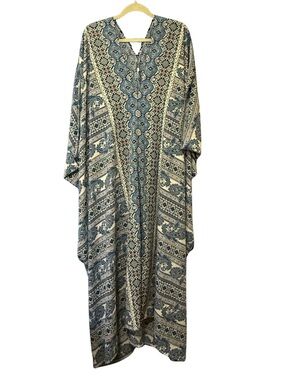Jennafer Grace Paisley Border Caftan Maxi Dress Blue Coral Pink Ivory New